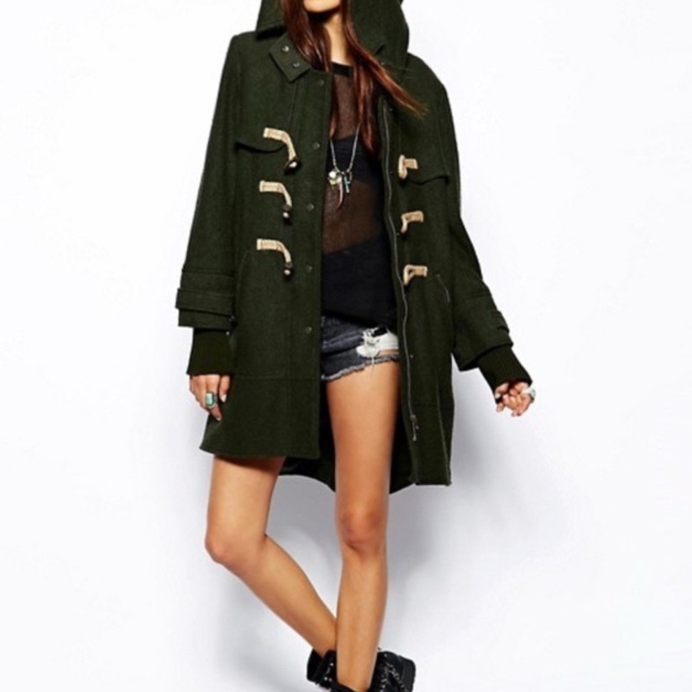 Free People Olive Green Hooded Toggle Pea Coat
